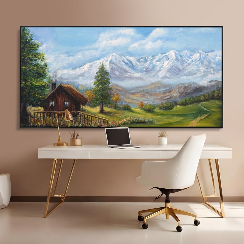 Tablou canvas cu tablou canvas cu peisaj montan si cabana, in rama de aluminiu negru, pe perete intr-un birou